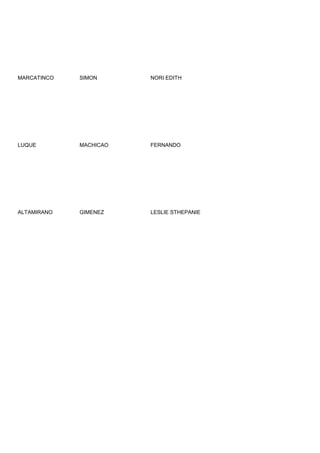 MARCATINCO   SIMON      NORI EDITH




LUQUE        MACHICAO   FERNANDO




ALTAMIRANO   GIMENEZ    LESLIE STHEPANIE
 