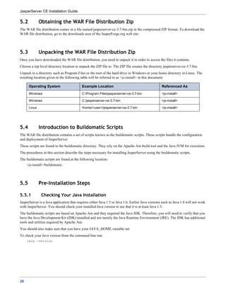 JasperServer CE Installation Guide

5.2           Obtaining the WAR File Distribution Zip
The WAR file distribution comes in a file named jasperserver-ce-3.7-bin.zip in the compressed ZIP format. To download the
WAR file distribution, go to the downloads area of the JasperForge.org web site.




5.3           Unpacking the WAR File Distribution Zip
Once you have downloaded the WAR file distribution, you need to unpack it in order to access the files it contains.
Choose a top level directory location to unpack the ZIP file to. The ZIP file creates the directory jasperserver-ce-3.7-bin.
Unpack to a directory such as Program Files or the root of the hard drive in Windows or your home directory in Linux. The
resulting location given in the following table will be referred to as <js-install> in this document:

      Operating System                     Example Location                                        Referenced As
      Windows                              C:Program Filesjasperserver-ce-3.7-bin                <js-install>

      Windows                              C:jasperserver-ce-3.7-bin                              <js-install>

      Linux                                /home/<user>/jasperserver-ce-3.7-bin                    <js-install>




5.4           Introduction to Buildomatic Scripts
The WAR file distribution contains a set of scripts known as the buildomatic scripts. These scripts handle the configuration
and deployment of JasperServer.
These scripts are found in the buildomatic directory. They rely on the Apache Ant build tool and the Java JVM for execution.
The procedures in this section describe the steps necessary for installing JasperServer using the buildomatic scripts.
The buildomatic scripts are found at the following location:
     <js-install>/buildomatic.




5.5           Pre-Installation Steps

5.5.1          Checking Your Java Installation
JasperServer is a Java application that requires either Java 1.5 or Java 1.6. Earlier Java versions such as Java 1.4 will not work
with JasperServer. You should check your installed Java version to see that it is at least Java 1.5.
The buildomatic scripts are based on Apache Ant and they required the Java JDK. Therefore, you will need to verify that you
have the Java Development Kit (JDK) installed and not merely the Java Runtime Environment (JRE). The JDK has additional
tools and utilities required by Apache Ant.
You should also make sure that you have your JAVA_HOME variable set.
To check your Java version from the command line run:
     java -version




26
 
