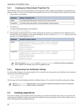 JasperServer CE Installation Guide

5.6.1          Creating your Default Master Properties File
The buildomatic scripts read a file called default_master.properties in order to gather your application server path and your
database settings. You must create the default master properties file from one of the database-specific sample files provided.
1.   Copy the file for your database:

      Database          Master Properties File
      MySQL             <js-install>/buildomatic/sample_conf/inst-mysql_master.properties

      PostgreSQL        <js-install>/buildomatic/sample_conf/inst-postgresql_master.properties

2.   And rename to:
     <js-install>/buildomatic/default_master.properties
3. cd <js-install>/buildomatic
4.   Edit the default_master.properties file to add the settings that are specific to your database and your application server.
     The table below gives examples for each supported database. Be sure to replace the appServerDir property value with
     the path to your installed application server.

      Database          Sample Property Values
      MySQL             appServerType=tomcat6 (or tomcat5, jboss, glassfish)
                        appServerDir=c:apache-tomcat-6.0.20 (for example)
                        dbUsername=root
                        dbPassword=password
                        dbHost=localhost

      PostgreSQL        appServerType=tomcat6 (or tomcat5, jboss, glassfish)
                        appServerDir=c:apache-tomcat-6.0.20 (for example)
                        dbUsername=postgres
                        dbPassword=postgres
                        dbHost=localhost


              When the property appServerType is set to skipAppServerCheck, buildomatic will skip any application
              server validation (for example, if you have not installed one yet).



5.6.2          Regenerating Your Buildomatic Settings
If you later make a change to your master properties file, you should clean and regenerate your buildomatic script settings by
running Ant with the following targets:
     js-ant clean-config
     js-ant gen-config

The first target will clear the buildomatic/build_conf/default directory. The second will re-build the configuration settings.

         After the clean-config target has been run, any subsequent target will automatically re-build the configuration
         settings; the gen-config target is simply a convenience.




5.7          Installing JasperServer
Now that your default_master.properties file has been edited, you can start the installation steps. Once you execute the first
install target, the buildomatic scripts will automatically configure the necessary properties and store these settings in the <js-
install>/buildomatic/build_conf/default directory.



28
 