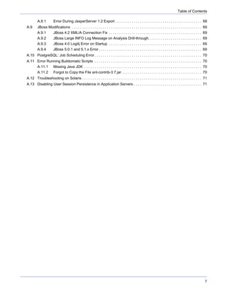 Table of Contents

        A.8.1         Error During JasperServer 1.2 Export . . . . . . . . . . . . . . . . . . . . . . . . . . . . . . . . . . . . . . . . . . 68
A.9     JBoss Modifications . . . . . . . . . . . . . . . . . . . . . . . . . . . . . . . . . . . . . . . . . . . . . . . . . . . . . . . . . . . . . . . 69
        A.9.1         JBoss 4.2 XML/A Connection Fix . . . . . . . . . . . . . . . . . . . . . . . . . . . . . . . . . . . . . . . . . . . . . 69
        A.9.2         JBoss Large INFO Log Message on Analysis Drill-through. . . . . . . . . . . . . . . . . . . . . . . . . . 69
        A.9.3         JBoss 4.0 Log4j Error on Startup . . . . . . . . . . . . . . . . . . . . . . . . . . . . . . . . . . . . . . . . . . . . . 69
        A.9.4         JBoss 5.0.1 and 5.1.x Error . . . . . . . . . . . . . . . . . . . . . . . . . . . . . . . . . . . . . . . . . . . . . . . . . . 69
A.10 PostgreSQL: Job Scheduling Error . . . . . . . . . . . . . . . . . . . . . . . . . . . . . . . . . . . . . . . . . . . . . . . . . . . . 70
A.11 Error Running Buildomatic Scripts . . . . . . . . . . . . . . . . . . . . . . . . . . . . . . . . . . . . . . . . . . . . . . . . . . . . 70
        A.11.1        Missing Java JDK . . . . . . . . . . . . . . . . . . . . . . . . . . . . . . . . . . . . . . . . . . . . . . . . . . . . . . . . . 70
        A.11.2        Forgot to Copy the File ant-contrib-3.7.jar . . . . . . . . . . . . . . . . . . . . . . . . . . . . . . . . . . . . . . . 70
A.12 Troubleshooting on Solaris . . . . . . . . . . . . . . . . . . . . . . . . . . . . . . . . . . . . . . . . . . . . . . . . . . . . . . . . . . 71
A.13 Disabling User Session Persistence in Application Servers . . . . . . . . . . . . . . . . . . . . . . . . . . . . . . . . . 71




                                                                                                                                                          7
 