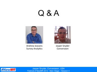 Jasper Snyder, Converseon, USA
Festival of NewMR 2012 - Main Stage – Session 4
Q & A
Andrew	
  Jeavons	
  
Survey	
  Analy:cs	
  
	
  
Jasper	
  Snyder	
  
Converseon	
  
 