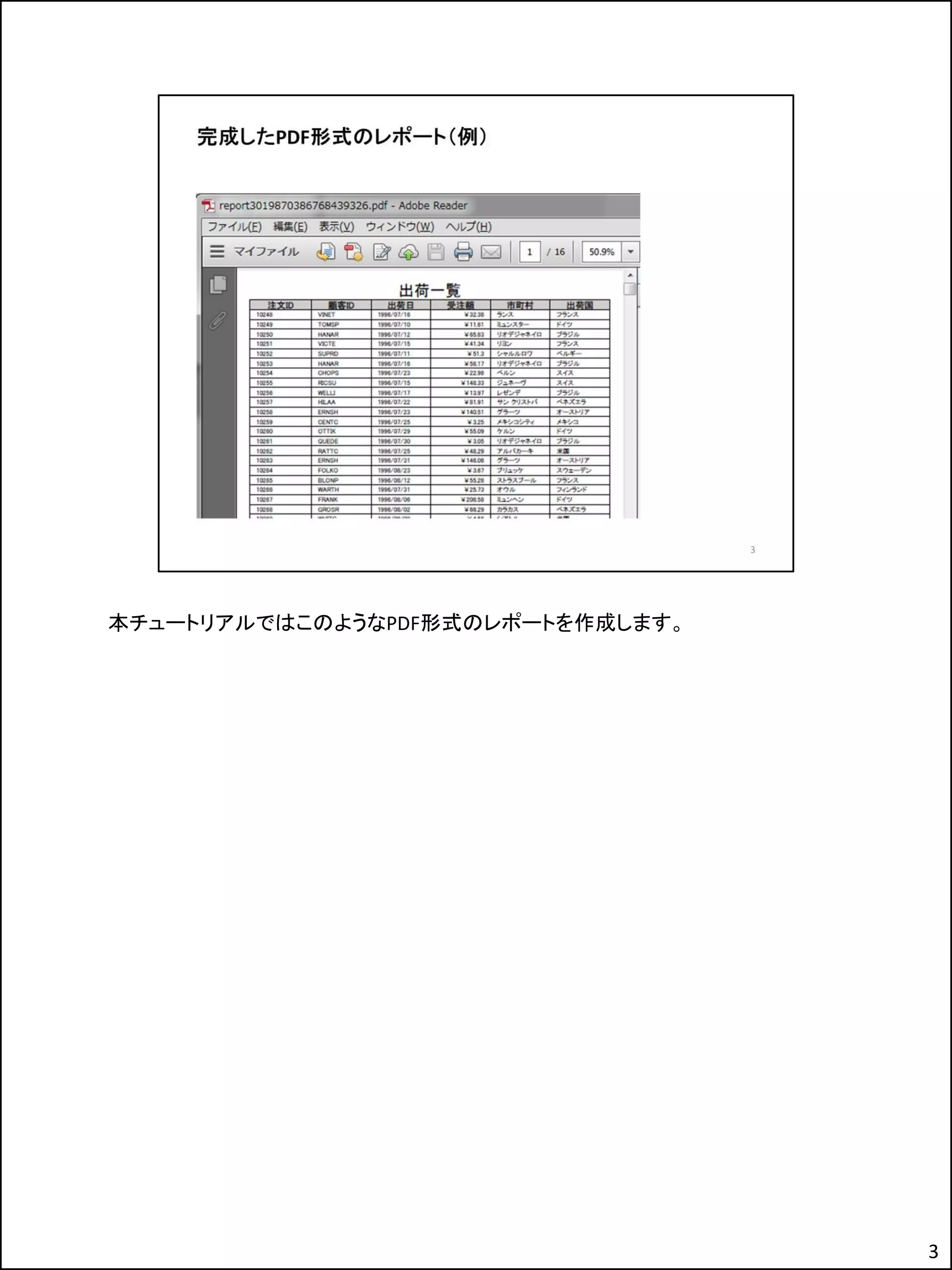 本チュートリアルではこのようなPDF形式のレポートを作成します。
3
 