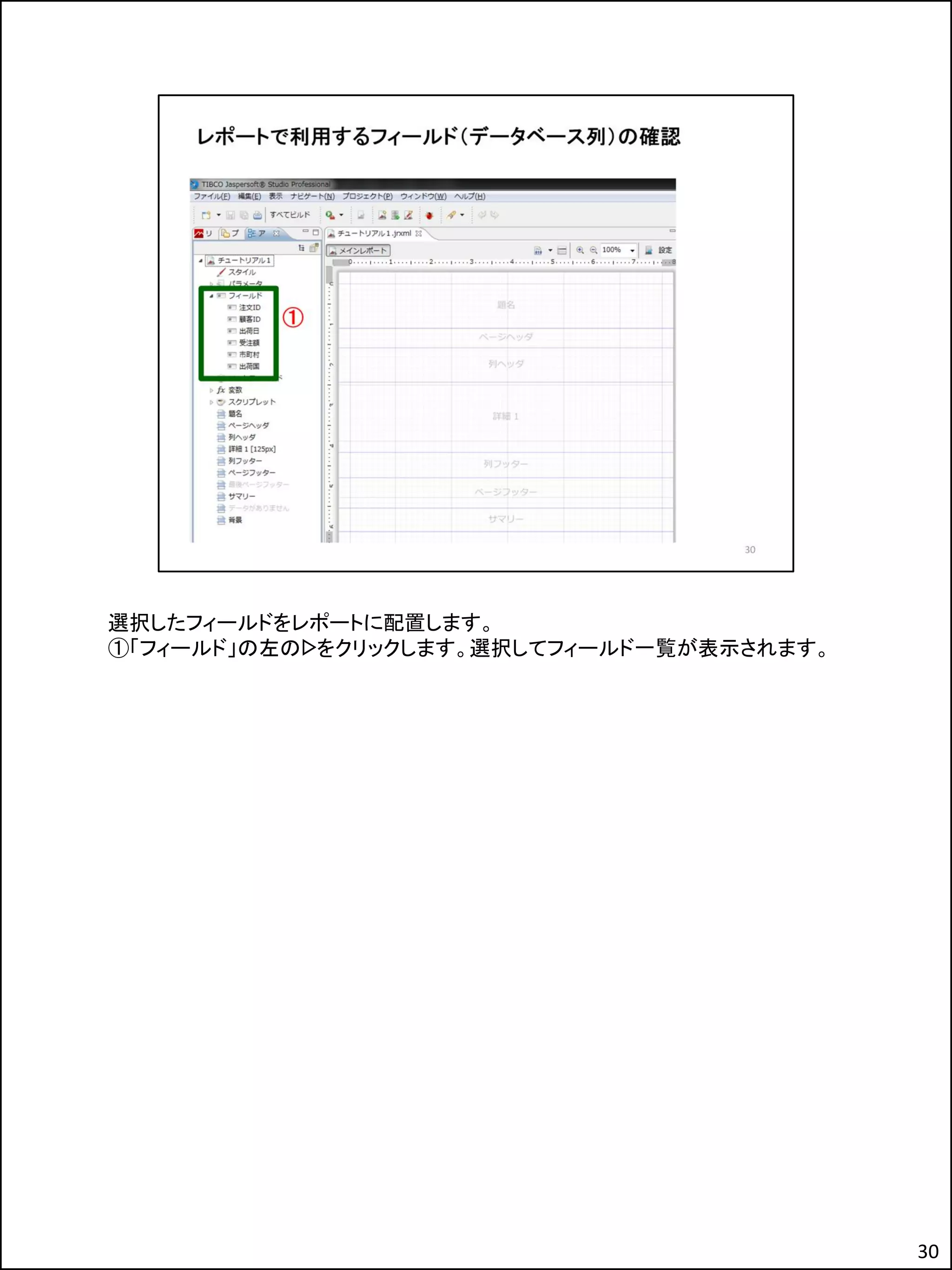 選択したフィールドをレポートに配置します。
①「フィールド」の左のᐅをクリックします。選択してフィールド一覧が表示されます。
30
 