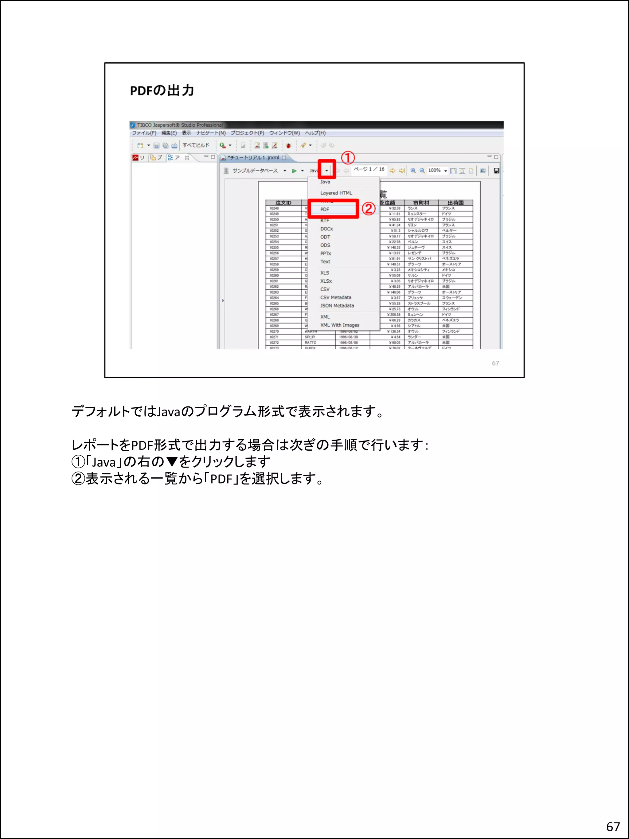 デフォルトではJavaのプログラム形式で表示されます。
レポートをPDF形式で出力する場合は次ぎの手順で行います：
①「Java」の右の▼をクリックします
②表示される一覧から「PDF」を選択します。
67
 