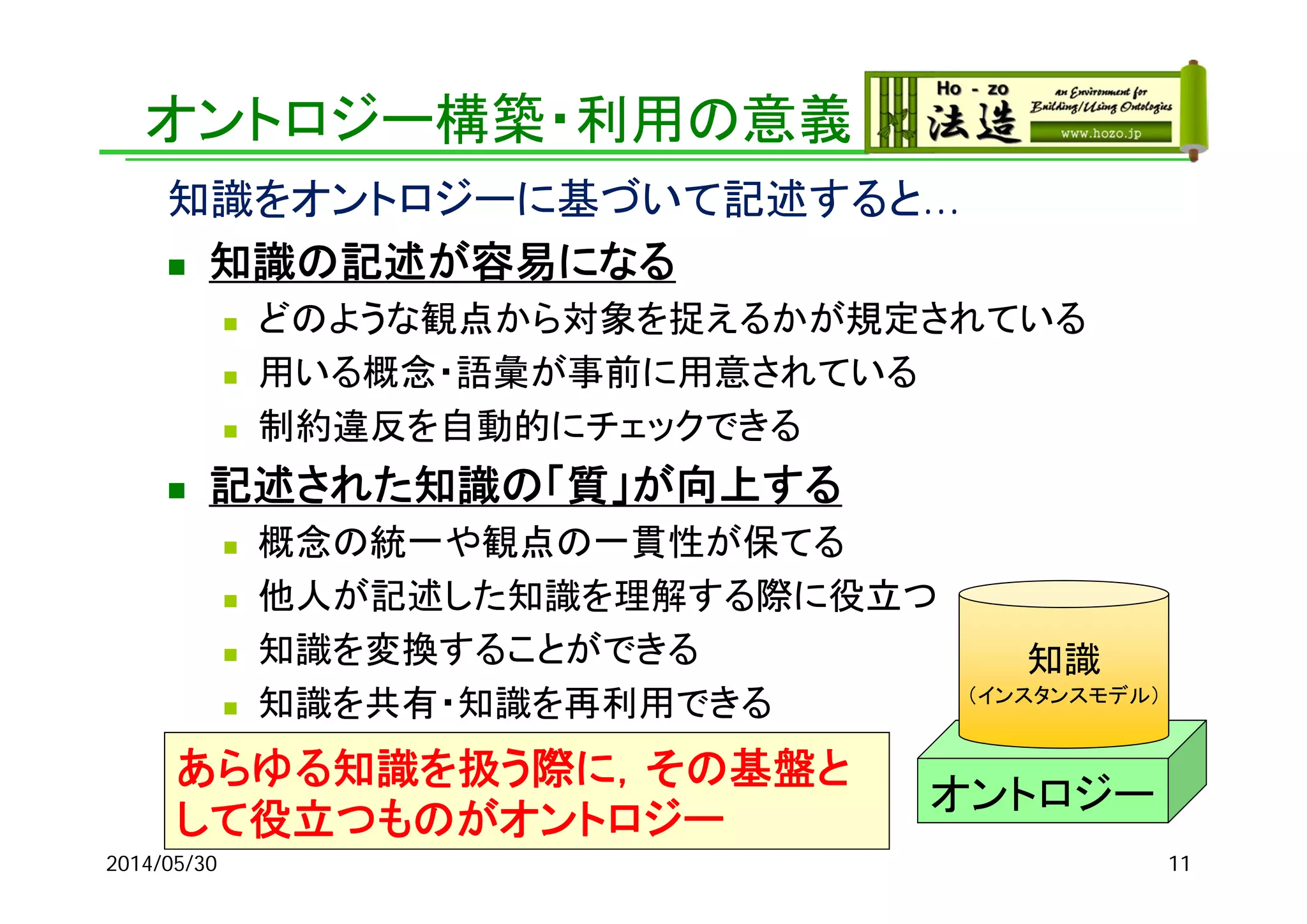 2014/05/30 11
オントロジー構築・利用の意義
知識をオントロジーに基づいて記述すると...
 知識の記述が容易になる
 どのような観点から対象を捉えるかが規定されている
 用いる概念・語彙が事前に用意されている
 制約違反を自動的にチェックできる
 記述された知識の「質」が向上する
 概念の統一や観点の一貫性が保てる
 他人が記述した知識を理解する際に役立つ
 知識を変換することができる
 知識を共有・知識を再利用できる
オントロジー
知識
（インスタンスモデル）
あらゆる知識を扱う際に，その基盤と
して役立つものがオントロジー
 