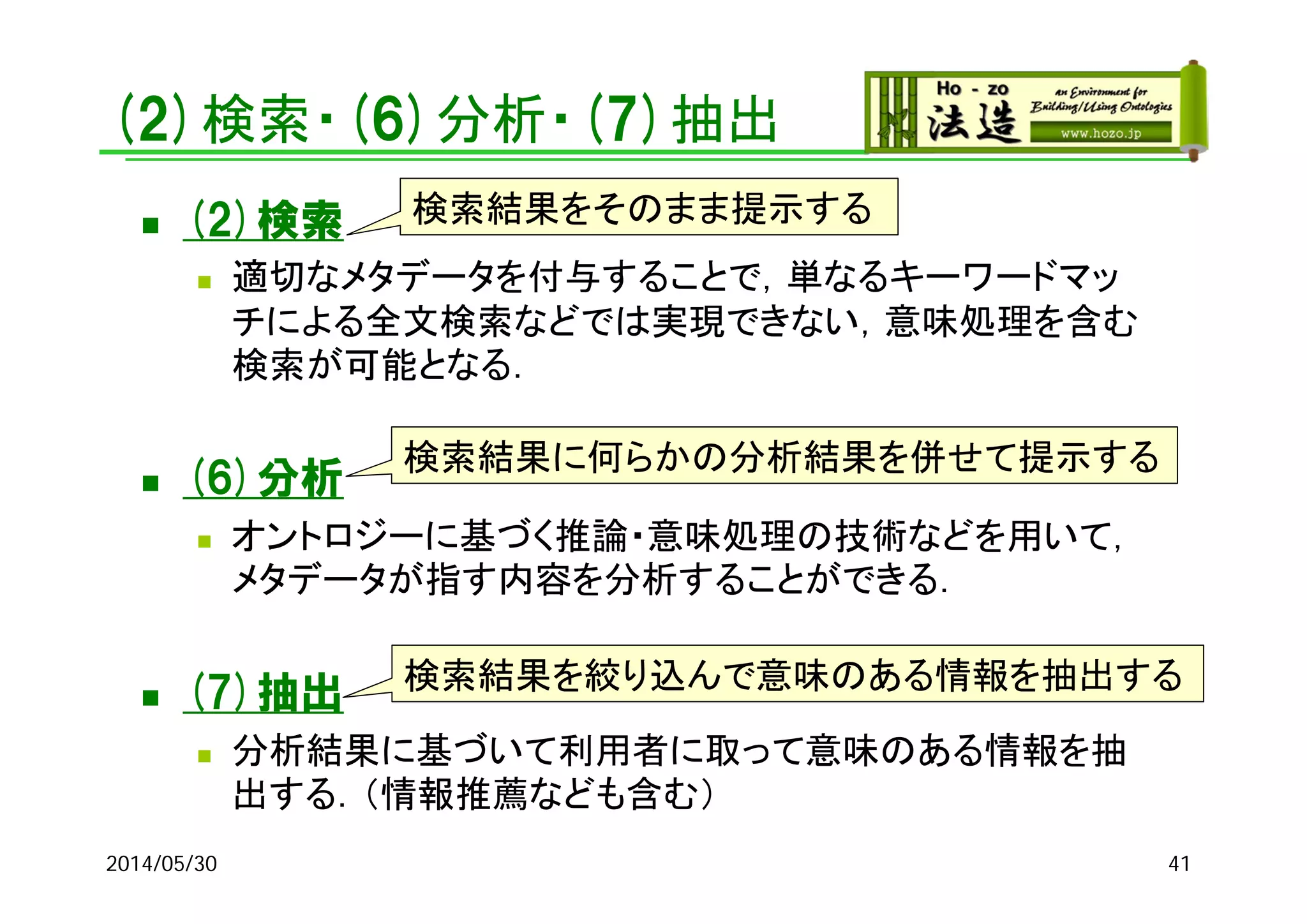 (2)検索・(6)分析・(7)抽出
 (2)検索
 適切なメタデータを付与することで，単なるキーワードマッ
チによる全文検索などでは実現できない，意味処理を含む
検索が可能となる．
 (6)分析
 オントロジーに基づく推論・意味処理の技術などを用いて，
メタデータが指す内容を分析することができる．
 (7)抽出
 分析結果に基づいて利用者に取って意味のある情報を抽
出する．（情報推薦なども含む）
2014/05/30 41
検索結果をそのまま提示する
検索結果に何らかの分析結果を併せて提示する
検索結果を絞り込んで意味のある情報を抽出する
 