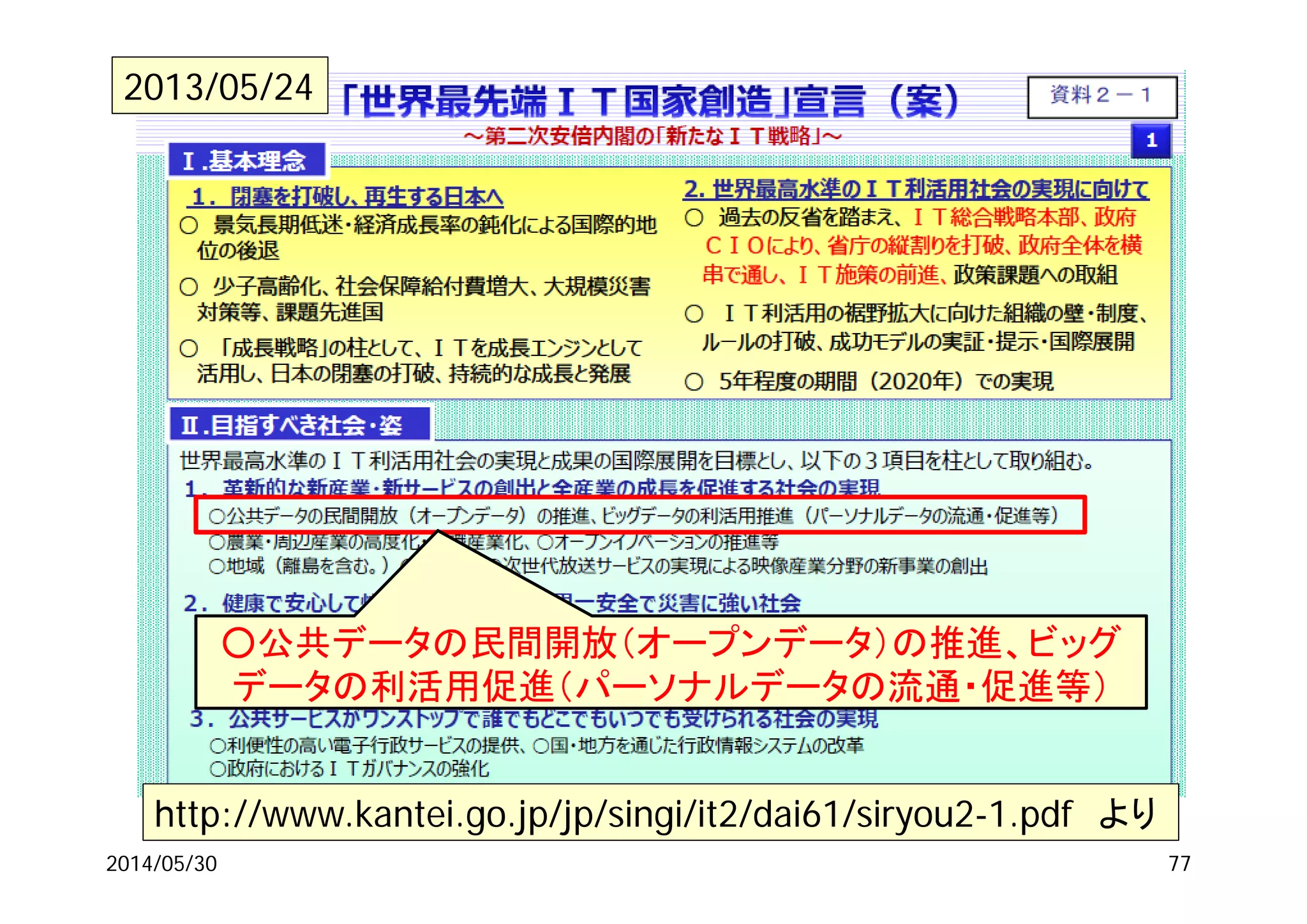 2014/05/30 77
http://www.kantei.go.jp/jp/singi/it2/dai61/siryou2-1.pdf より
○公共データの民間開放（オープンデータ）の推進、ビッグ
データの利活用促進（パーソナルデータの流通・促進等）
2013/05/24
 