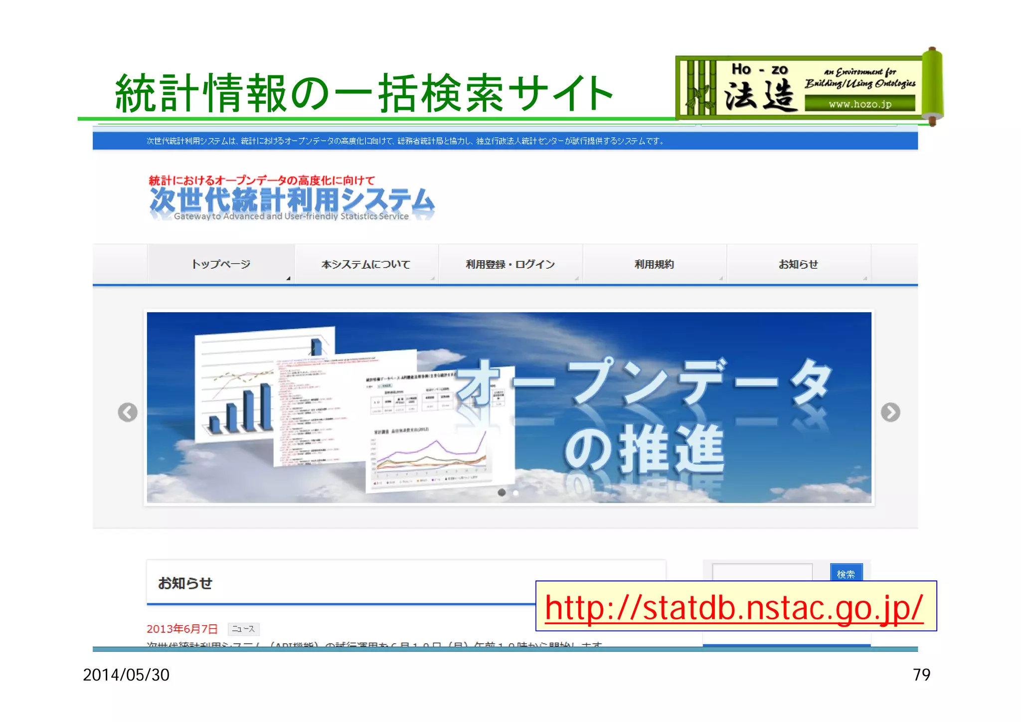 統計情報の一括検索サイト
2014/05/30 79
http://statdb.nstac.go.jp/
 