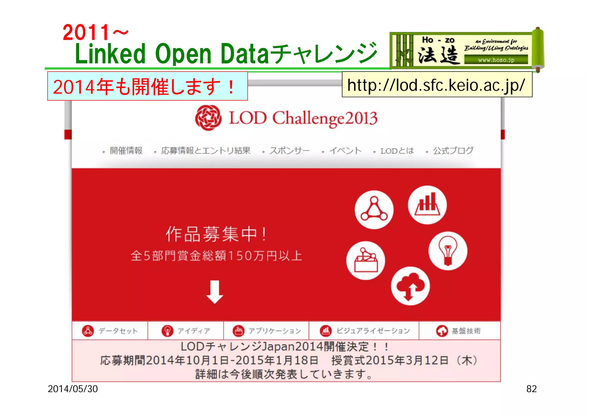 2011～
Linked Open Dataチャレンジ
2014/05/30 82
http://lod.sfc.keio.ac.jp/2014年も開催します！
 