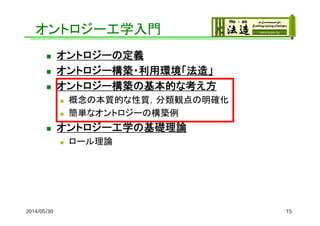 オントロジー工学入門
 オントロジーの定義
 オントロジー構築・利用環境「法造」
 オントロジー構築の基本的な考え方
 概念の本質的な性質，分類観点の明確化
 簡単なオントロジーの構築例
 オントロジー工学の基礎理論
 ロール理論
2014/05/30 15
 