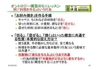 オントロジー構築のミニレッスン
例）「料理を作る」という行為
 「お好み焼き」を作る手順
 キャベツ，ちくわなどの材料を「切る」
 切った材料に水，小麦粉，卵などを「混ぜる」
 混ぜた材料（お好み焼きのもと）を「焼く」
 「切る」，「混ぜる」，「焼く」といった概念に共通す
る性質・本質的な捉え方は？
 使う道具，手の動かし方などは，全て異なる
 料理を作る際に必要な基本動作（行為）という意味で
は共通？．．．
 対象物に「変化を与える」という点で共通
→行為の前後で「対象物がどのように変化するか」
で捉える（概念化する）ことができる．
2014/05/30 20
 