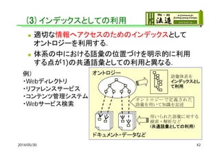 (3)インデックスとしての利用
 適切な情報へアクセスのためのインデックスとして
オントロジーを利用する．
 体系の中における語彙の位置づけを明示的に利用
する点が1)の共通語彙としての利用と異なる．
例）
・Webディレクトリ
・リファレンスサービス
・コンテンツ管理システム
・Webサービス検索
オントロジーで定義された
語彙を用いて知識を記述
用いられた語彙に対する
検索・解析など
(共通語彙としての利用)
オントロジー
ドキュメント・データなど
語彙体系を
インデックスとし
て利用
422014/05/30
 