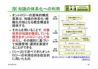 (9)知識の体系化への利用
 オントロジーの意味的構成
要素は，知識の体系化・組
織化の核となる概念構造を
提供する．
 それらを用いることで，対象
世界の知識を構成している
概念をオントロジーとして体
系化し，その規約に基づい
て知識管理・運用を実現す
ることができる．
 (1)～(8)で述べてきたオント
ロジーの利用目的を総合的
に用いたもの．
462014/05/30
トップレベル・オントロジー
デバイス・オントロジー
部品
ライブラリ
物理原理・
法則知識
機能概念
オントロジー
各機能の達成方式知識
汎用機能分解木 方式特性木
対象の機能モデル対象
固有層
一般
知識層
基盤
概念層
一般
概念層
結合 視点依存構造化
選択・具体化
機能概念の具体化
装置中心の観点からの特殊化
達成関係の記述 参照
例）オントロジーに基づく機能的知識体系化
[来村02]
 