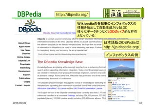 DBPedia
2014/05/30
Wikipediaの各記事のインフォボックスの
情報を抽出して自動生成されるLOD
様々なデータをつなぐLODのハブ的な存在
となっている．
http://dbpedia.org/
日本語版のDBPediaは
http://jp.dbpedia.org/
インフォボックスの例
69
 