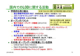 国内でのLODに関する活動
 学術的な取り組み
 国立情報学研究所（NII）：博物館情報，文献DB，科研費DB，など
 JSTバイオサイエンスデータベースセンター（NBDC）：生命科学情報
 理化学研究所：生命科学情報
 オープンガバメント
 電子行政オープンデータ戦略（2012/7/4）
 経済産業省
 オープンガバメントラボ，ＩＴ融合フォーラム 公共データワーキンググループ，
 Open Data METI（経産省のオープンデータ公開サイト）
 総務省
 オープンデータ流通推進コンソーシアム
 地方自治体：地域情報のオープンデータ化
 鯖江市，横浜市LOD，会津若松市，流山市，千葉市，．．．
 世界先端IT国家宣言（案）：2013/05/24
 その他：オープンデータを推進している団体
 Linked Open Data Initiative
 Open Knowledge Foundation Japan
 Linked Open Data チャレンジ Japan 2011-
2014/05/30
日本ではLODに関する学術的取り組みが先行
東日本大震災以降，政府の
オープンデータへの取り組
みが活発化
71
 