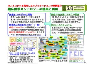 オントロジーを利用したアプリケーションの事例紹介
臨床医学オントロジーの構築と利用
医療オントロジーの開発
疾患，人体，診療データ等に関する
オントロジー（知識を計算機で意味処理
可能な形で体系化したもの）を開発する．
医療行為支援システムの開発
開発したオントロジーに基づいて医療
行為支援（診断，検査・測定，看護な
ど）等の応用システムを開発する．
開発済みの医療オントロジー（一部）
疾患オントロジー： 12診療科約6000の疾患
を対象に主な病態や症状の連鎖を記述．
解剖学（接続構造）オントロジー：主な血管，
神経，骨の接続関係（約1万）を記述．
平成19～21年度 医療情報システム開発
普及等委託費（厚生労働省）
「医療情報システムのための医療知識基
盤データベース研究開発事業」
（代表者：東京大学医学部・大江和彦
分担者：大阪大学・溝口理一郎，他）
想定される応用システム
‐医療知識の体系的なナビゲーション
‐起こりうる病態・症状の連鎖の推論
‐血流による物質伝搬のシミュレーター
オントロジー構築
ツール「法造」
医療オントロジー医療オントロジー
医療オントロジーの想定応用範囲 医療知識ナビゲーター
病態/症状連鎖の
推論システム
872014/05/30
 