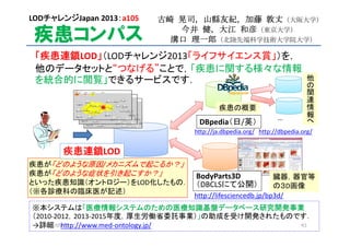 疾患コンパス
「疾患連鎖LOD」（LODチャレンジ2013「ライフサイエンス賞」）を，
他のデータセットと“つなげる”ことで，「疾患に関する様々な情報
を統合的に閲覧」できるサービスです．
古崎 晃司，山縣友紀，加藤 敦丈（大阪大学）
今井 健，大江 和彦（東京大学）
溝口 理一郎（北陸先端科学技術大学院大学）
※本システムは「医療情報システムのための医療知識基盤データベース研究開発事業
（2010‐2012，2013‐2015年度，厚生労働省委託事業）」の助成を受け開発されたものです．
→詳細 http://www.med‐ontology.jp/
LODチャレンジJapan 2013：a105
DBpedia（日/英）
http://lifesciencedb.jp/bp3d/
疾患が「どのような原因/メカニズムで起こるか？」
疾患が「どのような症状を引き起こすか？」
といった疾患知識（オントロジー）をLOD化したもの．
（※各診療科の臨床医が記述）
疾患連鎖LOD
BodyParts3D
（DBCLSにて公開）
http://ja.dbpedia.org/ http://dbpedia.org/
…
他
の
関
連
情
報
へ
臓器，器官等
の３D画像
疾患の概要
2014/05/30 93
 