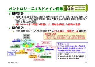 環境省：Hc-082
「アジｚア太平洋地域における地球温
暖化の持続可能な発展のためのバイ
オ燃料利用戦略に関する研究」
（H20-22年度，研究代表者：東京大学・武内和彦教授）
サブテーマ（１）
オントロジーを用いた問題の構造化と
政策立案支援ツールの開発
オントロジーによるドメイン俯瞰
 研究背景
 複雑化・巨大化された問題を適切に理解にするには，従来の個別ドメ
インからだけでは困難であり，様々な視点から領域を俯瞰し統合的に
理解することが必要．
 特にトレードオフ問題の理解には，領域を横断した俯瞰が重要．
 研究目的
 任意の視点からドメインを俯瞰できるオントロジー探索ツールの開発
規定できる効果
－暗黙的であった利用者の知りたい知識の理解支援
－思いがけない内容の掲示による利用者の発想刺激
2014/05/30 97
 
