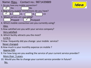 Name: Ripu, Contact no.: 9871439889
1. Do you have any mobile connection?
Yes No
2.How many mobile connections do you have?
1, 2, 3, >3
3. Which service are you using?
Prepaid Postpaid
4. Which mobile connection are you currently using?
Idea.
5.How satisfied are you with your service company?
Very satisfied.
6. Which facility attracts you the most?
G.P.R.S.
7.How frequently did you change your mobile service?
Never changed.
8.How much is your monthly expense on mobile ?
Approx 500.
9. For how long are you availing the service of your current service provider?
More than `3 years.
10. Would you like to change your current service provider in future?
No.



 