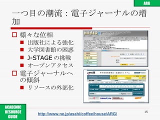 一つ目の潮流：電子ジャーナルの増加 様々な位相 出版社による強化 大学図書館の困惑 J-STAGE の挑戦 オープンアクセス 電子ジャーナルへの傾斜 リソースの外部化 http://www.ne.jp/asahi/coffee/house/ARG/ ARG ACADEMIC RESOURCE GUIDE  