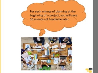 For each minute of planning at the
beginning of a project, you will save
10 minutes of headache later.
 
