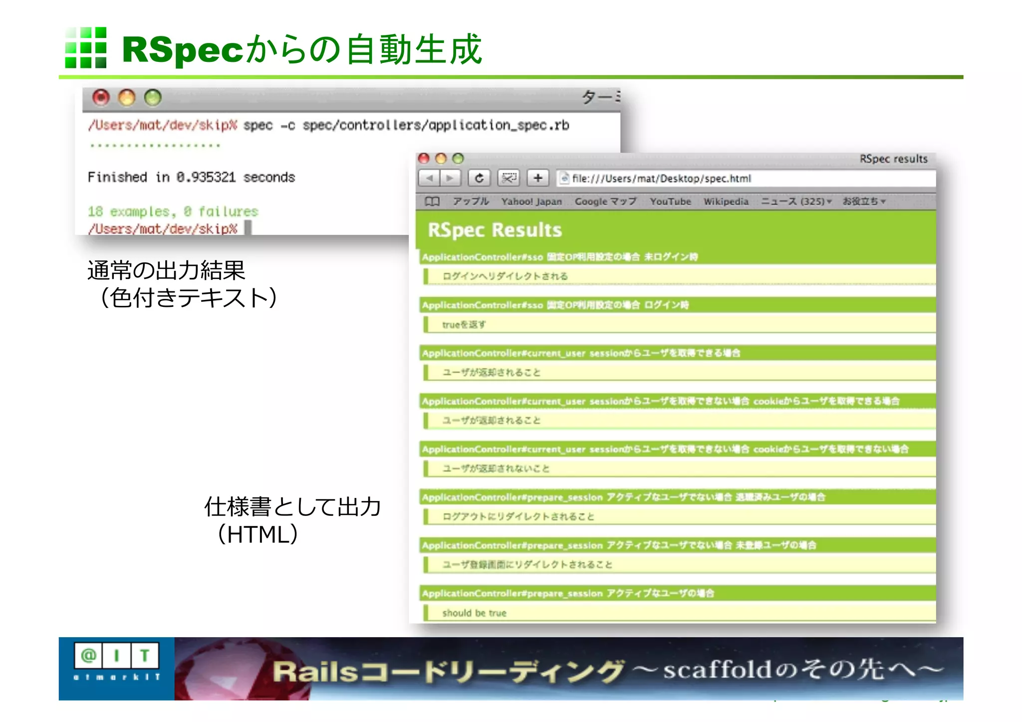 RSpecからの自動生成	




通常の出⼒力力結果	
  
（⾊色付きテキスト）	
  




       仕様書として出⼒力力	
  
       （HTML）	
  




                        http://www.sonicgarden.jp/
 