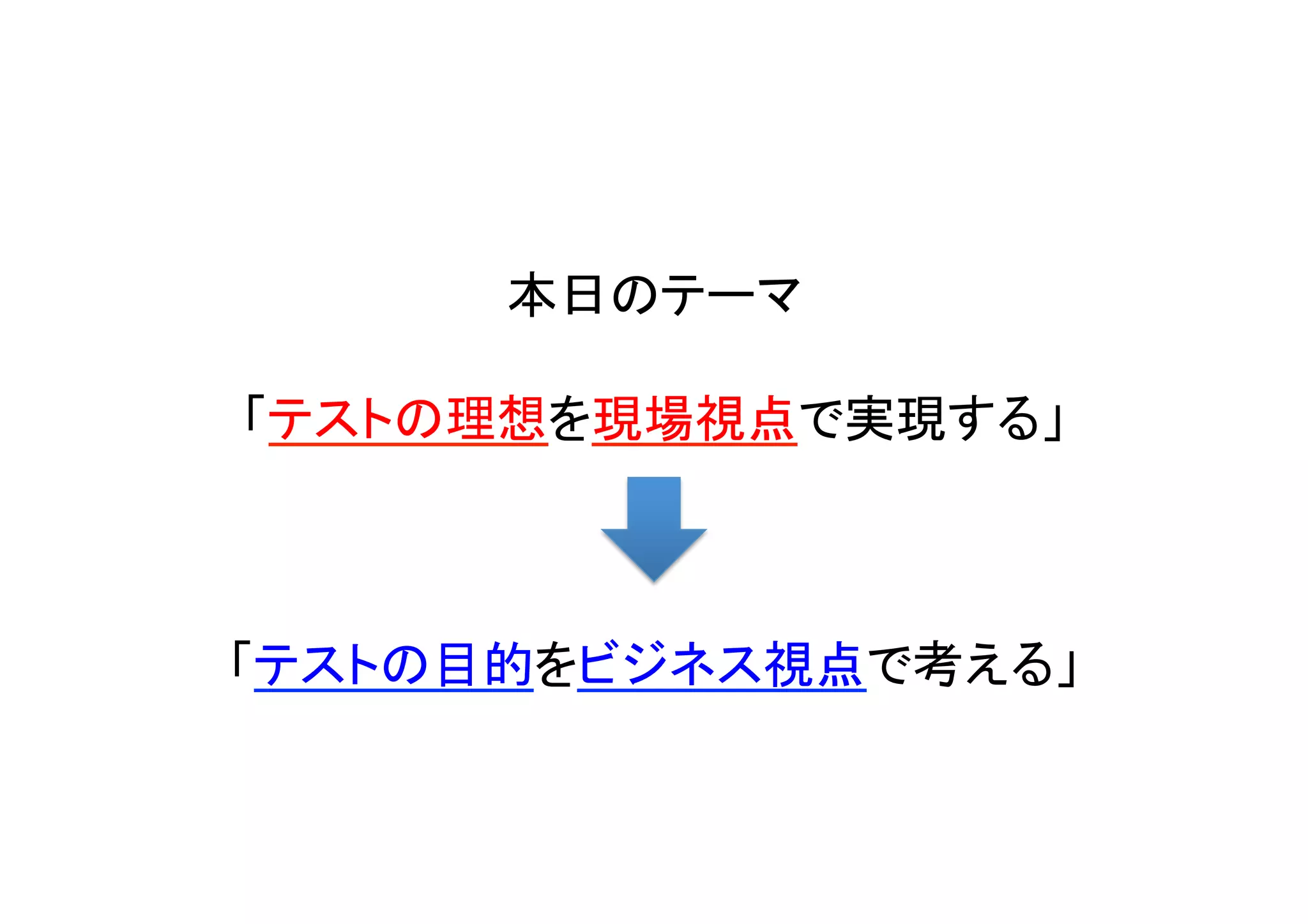 本日のテーマ

「テストの理想を現場視点で実現する」



「テストの目的をビジネス視点で考える」	
 