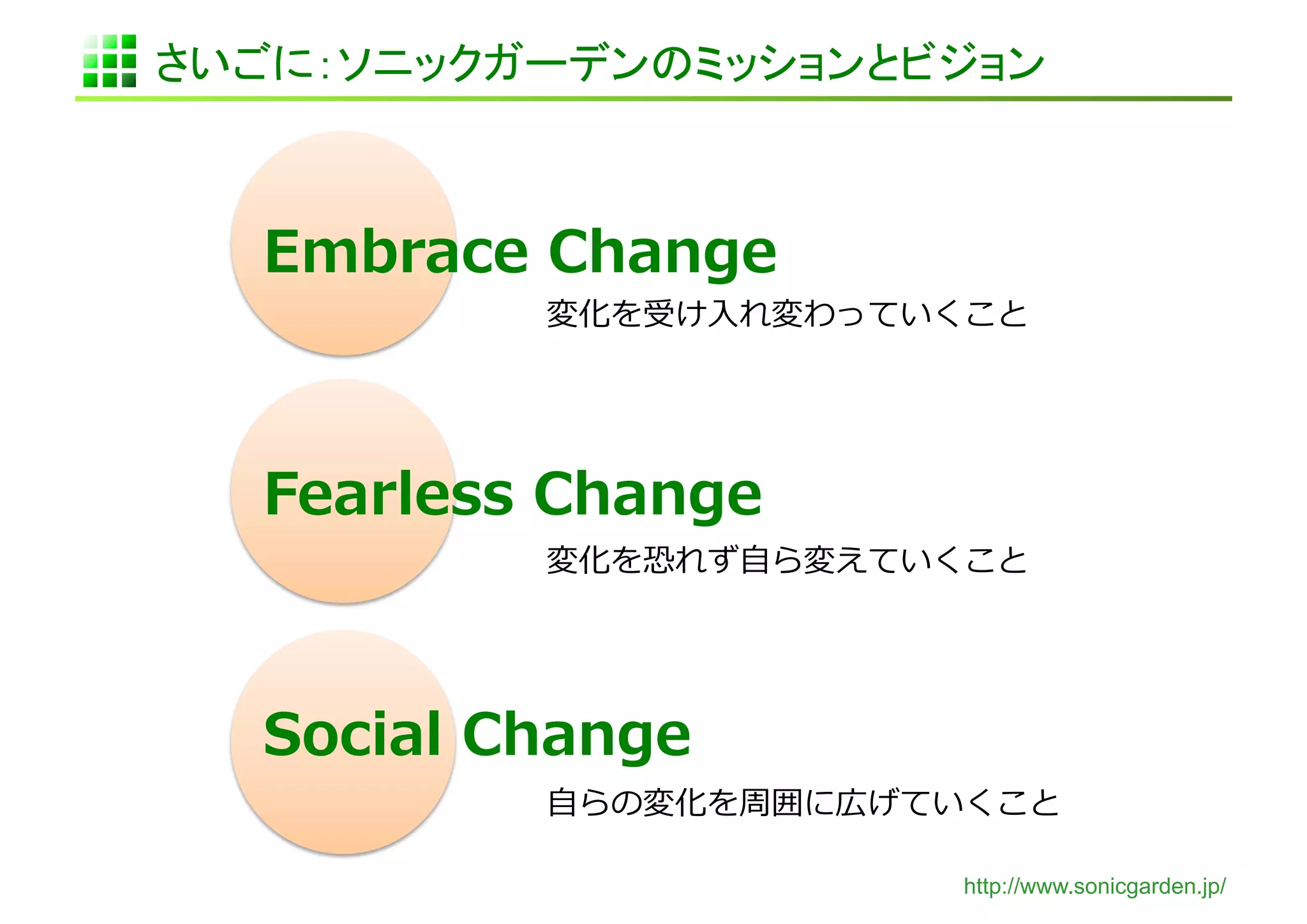 さいごに：ソニックガーデンのミッションとビジョン	



   Embrace	
  Change	
  
               変化を受け⼊入れ変わっていくこと	
  




   Fearless	
  Change	
  
               変化を恐れず⾃自ら変えていくこと	
  




   Social	
  Change	
  
               ⾃自らの変化を周囲に広げていくこと	
  

                               http://www.sonicgarden.jp/
 