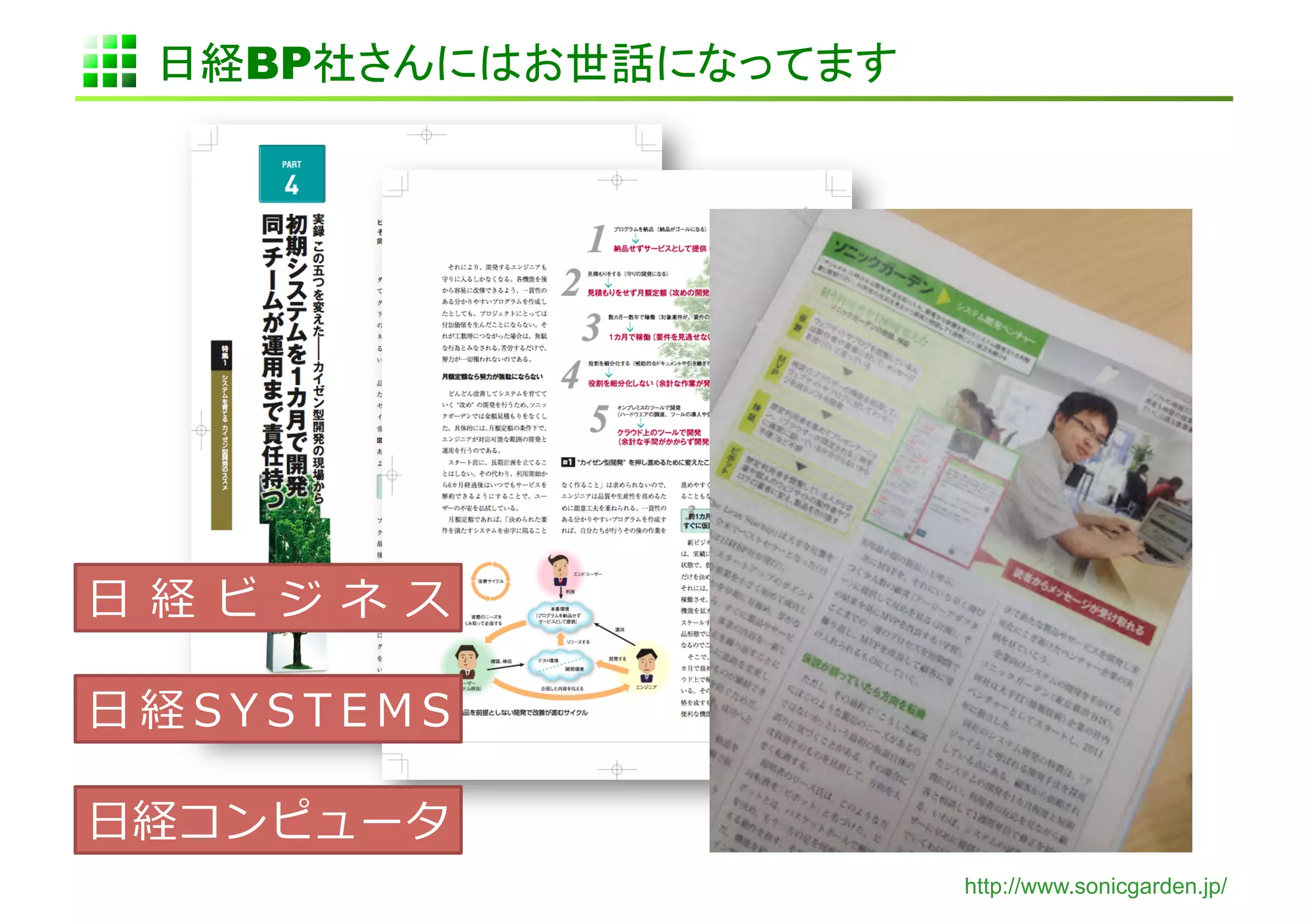 日経BP社さんにはお世話になってます	




⽇日 経 ビ ジ ネ ス	
  

⽇日 経 S Y S T E M S	
  

⽇日経コンピュータ	
  
                          http://www.sonicgarden.jp/
 