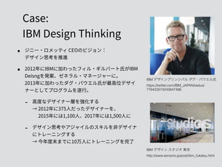  
 
 
 
 
 
IBM デザインプリンシパル ダグ・パウエル氏 
https://twitter.com/IBM_JAPAN/status/
778423574243647488
IBM デザイン スタジオ 東京 
http://www.sensors.jp/post/ibm_fukatsu.html
 