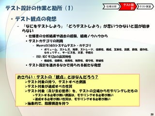 20
テスト設計の作業と勘所（1）
•テスト観点の発想
− 「なにをテストしよう」「どうテストしよう」が思いつかないと話が始ま
らない
•仕様書の分析結果や過去の経験、組織ノウハウから
•テストカテゴリの利用
− Myersの14のシステムテスト・カテゴリ
• ボリューム、ストレス、効率、ストレージ、信頼性、構成、互換性、設置、回復、操作性、
セキュリティ、サービス性、文書、手続き
− ISO/IEC 9126の品質特性
• 機能性、信頼性、使用性、効率性、保守性、移植性
•テスト設計を進めるなかで得られる新たな発想
テスト設
計
仕様分析 テスト実装
おさらい：テストの「観点」とはなんだろう？
テスト対象の持つ、テストすべき側面
テスト対象が達成すべき性質
テスト対象（及び含む世界）を、テストの立場からモデリングしたもの
テストする必要が無い側面は、モデリングする必要が無い
達成する必要が無い性質は、モデリングする必要が無い
抽象的で、階層構造を持つ
 