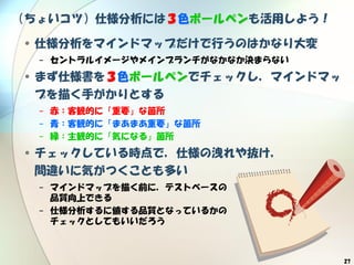27
（ちょいコツ）仕様分析には３色ボールペンも活用しよう！
•仕様分析をマインドマップだけで行うのはかなり大変
− セントラルイメージやメインブランチがなかなか決まらない
•まず仕様書を３色ボールペンでチェックし，マインドマッ
プを描く手がかりとする
− 赤：客観的に「重要」な箇所
− 青：客観的に「まあまあ重要」な箇所
− 緑：主観的に「気になる」箇所
•チェックしている時点で，仕様の洩れや抜け，
間違いに気がつくことも多い
− マインドマップを描く前に，テストベースの
品質向上できる
− 仕様分析するに値する品質となっているかの
チェックとしてもいいだろう
 