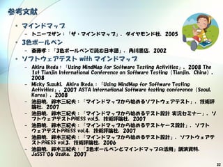32
参考文献
• マインドマップ
− トニーブザン：『ザ・マインドマップ』，ダイヤモンド社，2005
• 3色ボールペン
− 斎藤孝：『3色ボールペンで読む日本語』，角川書店，2002
• ソフトウェアテスト with マインドマップ
− Akira Ikeda：『Using MindMap for Software Testing Activities」，2008 The
1st Tianjin International Conference on Software Testing（Tianjin，China），
2008
− Micky Suzuki，Akira Ikeda,：『Using MindMap for Software Testing
Activities」，2007 ASTA International Software testing conference（Seoul，
Korea），2008
− 池田暁，鈴木三紀夫：『マインドマップから始めるソフトウェアテスト』，技術評
論社，2007
− 池田暁，鈴木三紀夫：『マインドマップから始めるテスト設計 実況セミナー』，ソ
フトウェアテストPRESS vol.5，技術評論社，2007
− 池田暁，鈴木三紀夫：『マインドマップから始めるテストケース設計』，ソフト
ウェアテストPRESS vol.4，技術評論社，2007
− 池田暁，鈴木三紀夫：『マインドマップから始めるテスト設計』，ソフトウェアテ
ストPRESS vol.3，技術評論社，2006
− 池田暁，鈴木三紀夫：『3色ボールペンとマインドマップの活用』講演資料，
JaSST’06 Osaka，2007
 