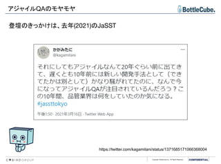 Copyright BottleCube Inc, All Rights Reserved.
アジャイルQAのモヤモヤ
https://twitter.com/kagamitani/status/1371685171066368004
登壇のきっかけは、去年(2021)のJaSST
 