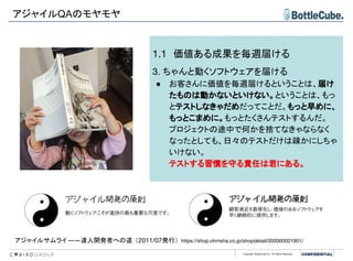 Copyright BottleCube Inc, All Rights Reserved.
アジャイルQAのモヤモヤ
1.1　価値ある成果を毎週届ける
3. ちゃんと動くソフトウェアを届ける
● お客さんに価値を毎週届けるということは、届け
たものは動かないといけない。ということは、もっ
とテストしなきゃだめだってことだ。もっと早めに、
もっとこまめに。もっとたくさんテストするんだ。
プロジェクトの途中で何かを捨てなきゃならなく
なったとしても、日々のテストだけは疎かにしちゃ
いけない。
テストする習慣を守る責任は君にある。
アジャイルサムライ――達人開発者への道 （2011/07発行） https://shop.ohmsha.co.jp/shopdetail/000000001901/
 