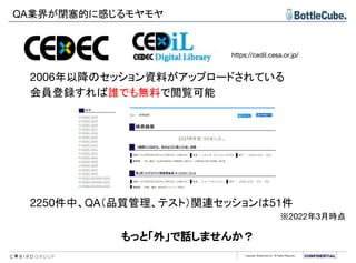 Copyright BottleCube Inc, All Rights Reserved.
QA業界が閉塞的に感じるモヤモヤ
2006年以降のセッション資料がアップロードされている
会員登録すれば誰でも無料で閲覧可能
https://cedil.cesa.or.jp/
2250件中、QA（品質管理、テスト）関連セッションは51件
※2022年3月時点
もっと「外」で話しませんか？
 