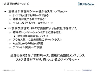 Copyright BottleCube Inc, All Rights Reserved.
● 主戦場が家庭用ゲーム機からスマホ／Webへ
○ いつでも・誰でもリリースできる！
○ 不具合は後でも修正できる！
○ テストしなくてもリリースできる！？
● 不慣れな環境で、様々な要因により品質低下を招いた
○ 市場のレッドオーシャン化による競争激化
■ 開発規模の肥大化、リッチ化
○ アクセス集中など未経験のサーバトラブル
○ AppStoreでのReject問題
○ アジャイル開発への誤解
品質担保できないままリリース、直後に長期間メンテナンス
ストア評価が下がり、売れない負のスパイラル・・・
大爆死時代（～2014）
 