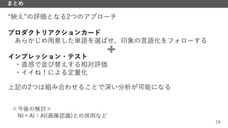 14
まとめ
“映え”の評価となる2つのアプローチ
プロダクトリアクションカード
あらかじめ用意した単語を選ばせ、印象の言語化をフォローする
インプレッション・テスト
・直感で並び替えする相対評価
・イイね！による定量化
＜今後の検討＞
NI＋AI：AI(画像認識)との併用など
上記の2つは組み合わせることで深い分析が可能になる
 