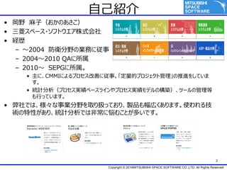 Copyright ? 2016MITSUBISHI SPACE SOFTWARE CO.,LTD. All Rights Reserved
2
ԼB
? Ұ ӣΤ
? ⥹ک`?եȥʽ
? Us
C 2004 lҰΘIդˏ
C 20042010 QA
C 2010 SEPG
? ˡCMMIˤץƤˏ¡ĥץȹM򤷤Ƥ

? yӋץg٩`饤ץgǥΘBĩ`ι
ФäƤޤ
? ǤϡIҰȡQäƤꡢuƷڤޤʹ뼼
gԤꡢyӋǤϷǳːळȤतǤ
 
