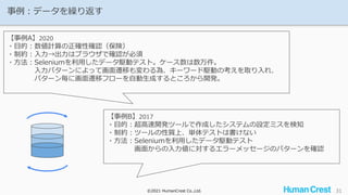 ©2021 HumanCrest Co.,Ltd.
©2021 HumanCrest Co.,Ltd.
事例：データを繰り返す
31
【事例A】2020
・目的：数値計算の正確性確認（保険）
・制約：入力→出力はブラウザで確認が必須
・方法：Seleniumを利用したデータ駆動テスト。ケース数は数万件。
入力パターンによって画面遷移も変わる為、キーワード駆動の考えを取り入れ、
パターン毎に画面遷移フローを自動生成するところから開発。
【事例B】2017
・目的：超高速開発ツールで作成したシステムの設定ミスを検知
・制約：ツールの性質上、単体テストは書けない
・方法：Seleniumを利用したデータ駆動テスト
画面からの入力値に対するエラーメッセージのパターンを確認
 