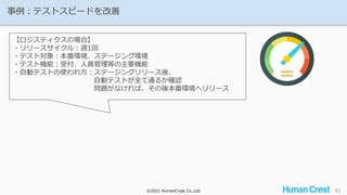 ©2021 HumanCrest Co.,Ltd.
©2021 HumanCrest Co.,Ltd.
事例：テストスピードを改善
51
【ロジスティクスの場合】
・リリースサイクル：週1回
・テスト対象：本番環境、ステージング環境
・テスト機能：受付、人員管理等の主要機能
・自動テストの使われ方：ステージングリリース後、
自動テストが全て通るか確認
問題がなければ、その後本番環境へリリース
 