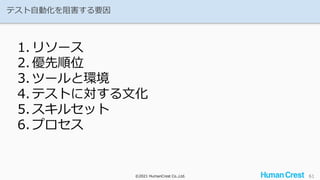 ©2021 HumanCrest Co.,Ltd.
©2021 HumanCrest Co.,Ltd.
テスト自動化を阻害する要因
61
1. リソース
2. 優先順位
3. ツールと環境
4. テストに対する文化
5. スキルセット
6. プロセス
 