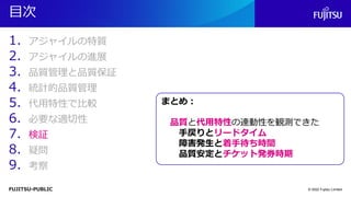 FUJITSU-PUBLIC
目次
1. アジャイルの特質
2. アジャイルの進展
3. 品質管理と品質保証
4. 統計的品質管理
5. 代用特性で比較
6. 必要な適切性
7. 検証
8. 疑問
9. 考察
© 2022 Fujitsu Limited
まとめ：
品質と代用特性の連動性を観測できた
手戻りとリードタイム
障害発生と着手待ち時間
品質安定とチケット発券時期
 