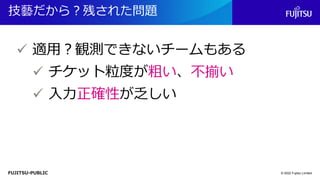 FUJITSU-PUBLIC
技藝だから？残された問題
© 2022 Fujitsu Limited
✓ 適用？観測できないチームもある
✓ チケット粒度が粗い、不揃い
✓ 入力正確性が乏しい
 