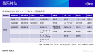 FUJITSU-PUBLIC
品質特性
© 2022 Fujitsu Limited
品質特性 機能適合性 性能効率性 互換性 使用性 信頼性 セキュリティ 保守性 移植性
副特性
機能安全性 時間効率性 共存性 適切度認識性 成熟性 気密性 モジュール性 移植性
機能正確性 資源効率性 相互運用性 習得性 可用性 インテグリティ 再利用性 適応性
機能適切性 容量満足性 運用操作性
障害許容性
（耐故障性）
否認防止性 解析性 設置性
ユーザエラー防
止性
回復性 責任追跡性 修正性 置換性
ユーザインタ
フェース快美性
真正性 試験性
アクセシビリ
ティ
品質特性～システム／ソフトウェア製品品質
日本工業規格 JIS X25010：2013(ISO/IEC 25010：2011)を参照して作成
 