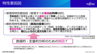 FUJITSU-PUBLIC
特性要因図
○管理用特性要因図（管理すべき要因の列挙目的）
○予防目的で管理を必要とする要因を全て列挙したもの。実績前だから現場
データがなく、専ら知識・経験・理論から心配事を網羅的にトップダウンに
列挙する。対策は全ての要因に講じる。
○解析用特性要因図（原因の探索目的）
○現に発生したトラブルの現場データ（特徴）を収集し、データから推定した
要因を列挙して対策を講じる。この場合、原因を明確にしてから対策を講じ
る場合と、疑わしいものに逐次対策を講じてゆく場合がある。
© 2022 Fujitsu Limited
https://ja.wikipedia.org/wiki/品質管理
2022/03/05参照
数値的・定量的分析のための地図？
“なぜなぜ”は特定の1件に対して、再発防止のためにマネジメント上の根本原因を究明することが目的なので、
本来特性要因図とは関係ない
 