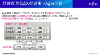 FUJITSU-PUBLIC
品質管理技法の誤適用～Agile開発
© 2022 Fujitsu Limited
過去案件1
： ：
実装
設計 試験
過去案件2 実装
設計 試験
過去案件n 実装
設計 試験
指摘数
Doc数
行数
レビュー時間
不具合
テスト数
バグ数
指標(標準値)
比較データ：過去案件
定量的データを工程ごと統計処理
Agile開発におけるソフトウェアメトリクスも代用特性であろう。が、
WF開発とは異なる開発プロセスのAgile開発においても、慣習によって
WF開発と同様の計測・評価をしていないか？ … 私の疑問
 
