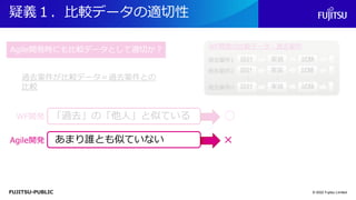 FUJITSU-PUBLIC
疑義１．比較データの適切性
© 2022 Fujitsu Limited
Agile開発時にも比較データとして適切か？
「過去」の「他人」と似ている
あまり誰とも似ていない
WF開発
Agile開発
○
×
過去案件が比較データ＝過去案件との
比較
 