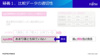 FUJITSU-PUBLIC
疑義１．比較データの適切性
© 2022 Fujitsu Limited
あまり誰とも似ていない
Agile開発 強い類似性の発見
解決
解決
Agile開発時にも比較データとして適切か？
「過去」の「他人」と似ている
WF開発 ○
過去案件が比較データ＝過去案件との
比較
 