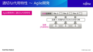 FUJITSU-PUBLIC
適切な代用特性 ～ Agile開発
© 2022 Fujitsu Limited
Agile開発時に適切な代用特性 反復型開発 Ite.2
Ite.1 Ite.3
X X X
指標
(代用特性)
品質 ≒ 反復内のプロセスの在り様
 